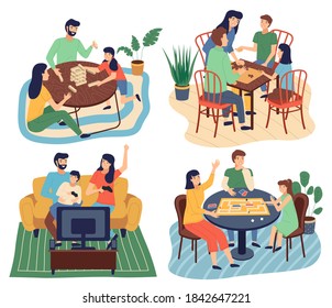 Set Of Family Fun. Families Play Board Games With Their Children. Video Games, Monopoly, Puzzles. Spend Time Together. Collection Of Funny Smiling People Sitting At Table And Have Fun At Home