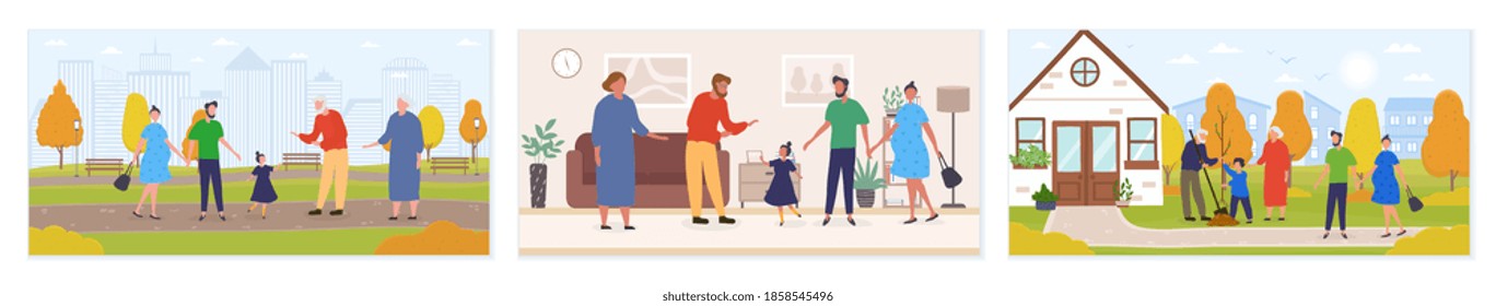 Set of family gatherings. Concept of family visiting grandparents and little children. Grandkids spending time with grandmother and grandfather on holidays. Flat vector cartoon illustration