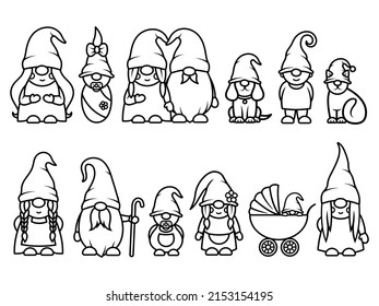 Set Of  Family Gnome. Collection Of Little Garden Gnomes. Vector Illustration Of Family Hand On White Background. Drawing For Children.