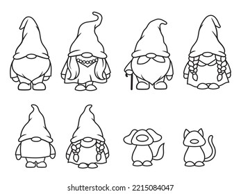 Set Of Family Gnome. Collection Of Little Garden Gnomes. Vector Illustration Of Family Hand On White Background. Drawing For Children.