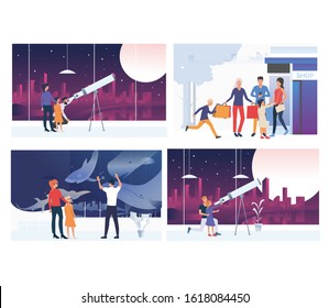 Set of family going out together on weekend. Flat vector illustrations of parents and children spending leisure time. Family leisure activities concept for banner, website design or landing web page