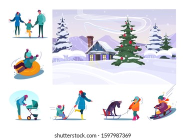 Set of family having fun during winter holidays. Flat vector illustrations of people skating, riding on sledges, laughing. Winter holidays concept for banner, website design or landing web page