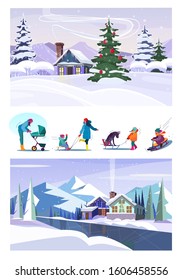 Set of family having fun during winter holidays. Flat vector illustrations of people riding on sledges, walking with pram. Winter holidays concept for banner, website design or landing web page
