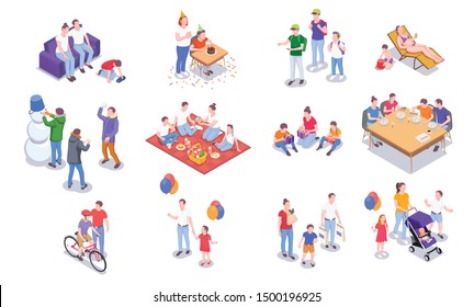 Set with family holidays isometric icons of people and leisure activities of family members  with shadows vector illustration