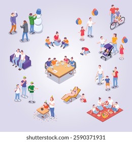 Set with family holidays isometric icons of people and leisure activities of family members with shadows vector illustration