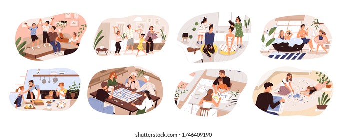 Set of family home activities. Happy parents and children playing video and board games, cooking, dancing, doing jigsaw puzzle, taking bath, painting together. Vector illustration flat cartoon style