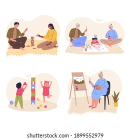 Set of family home activities. Happy parents and children playing games, painting together. Grandparents with grandchildren. Rest at home. Vector illustration flat cartoon style. 