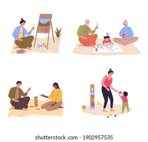 Set of family home activities. Happy parents and children playing games, painting together. Grandparents with grandchildren. Rest at home. Vector illustration flat cartoon style. 