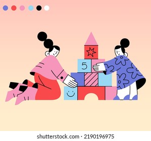 Set Of Family Home Activities. Happy Parents And Children Playing Video And Board Games, Cooking, Dancing, Doing Jigsaw Puzzle, Taking Bath, Painting Together. Vector Illustration Flat Cartoon Style