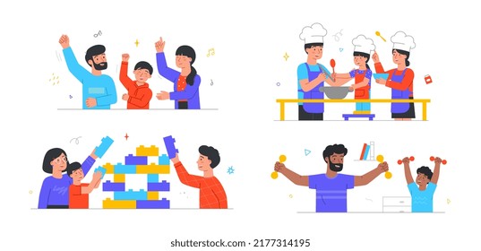Set of family home activities. Parents and children dance to cheerful music, assemble construction kit, cook delicious food and play sports. Cartoon flat vector collection isolated on white background