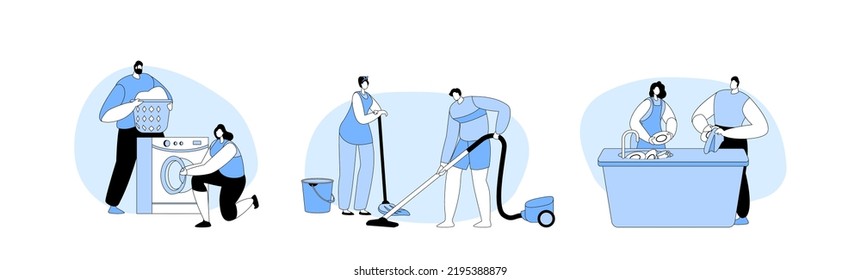 Set of Family Household Chores. Couple Clean Kitchenware, Vacuuming Floor, Washing Clothes Together, Happy Man and Woman Every Day Routine and Human Relations. Cartoon People Vector Illustration