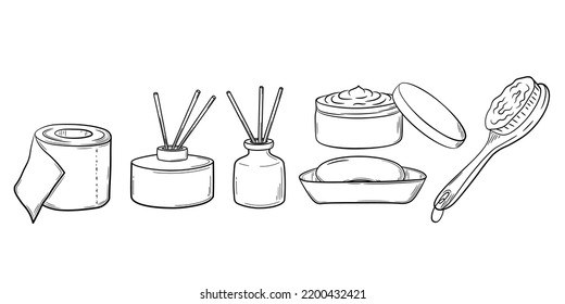 Set of family hygiene items hand drawn in line art style. Simple drawing of daily routine items and interior in sketch style. Isolated vector illustration.
