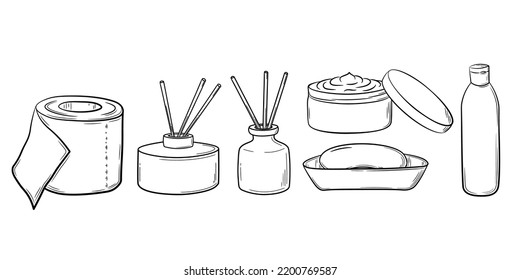 Set of family hygiene items hand drawn in line art style. Simple drawing of daily routine items and interior in sketch style. Isolated vector illustration.