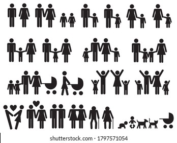 Set of family icons. Collection of silhouettes of figurines of mother, father and children. Vector illustration of creating a happy family.