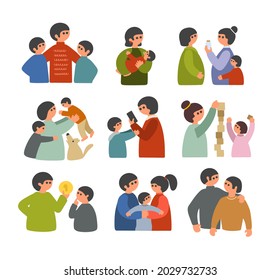 Set of family images with children. Vector illustrations of people hand drawn in flat style.