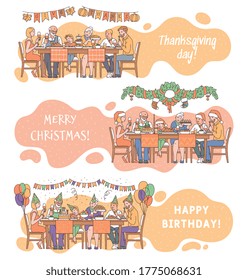 Set of family joint holiday dinner scenes sketch vector illustration isolated on white background. Family Christmas, Thanksgiving and birthday celebration collection.