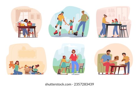 Set Family Leisure And Activities. Parents And Kids Characters Doing Homework, Rollerblading in Park, Cooking and Donate Toys, Walking to School and Building Birds House. Cartoon Vector Illustration