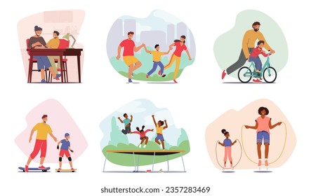 Set Family Leisure And Activities. Parents And Kids Doing Homework, Walking Together, Father Teaching Son to Ride the Bike, Skateboard and Jumping on Trampoline or Rope. Cartoon Vector Illustration