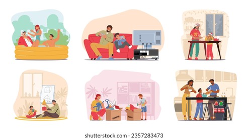 Set Family Leisure and Activities. Parents and Kids Characters Fun in Swimming Pool, Baking Pastry, Learning, Playing Video Games and Cooking. People Spend Time Together. Cartoon Vector Illustration