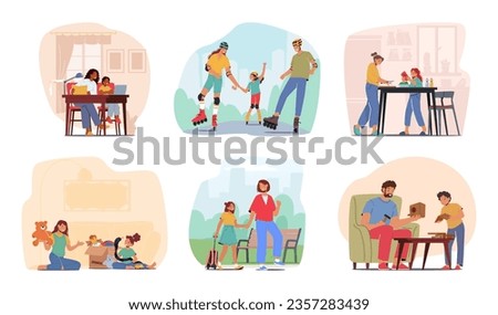 Set Family Leisure And Activities. Parents And Kids Characters Doing Homework, Rollerblading in Park, Cooking and Donate Toys, Walking to School and Building Birds House. Cartoon Vector Illustration