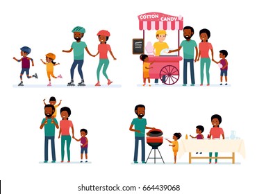 Set of family leisure. African family. Bbq at home, picnic in nature, walk in amusement park, roller skating. African American people. Vector illustration in a flat cartoon style