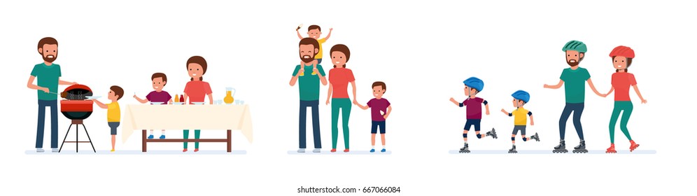 Set of family leisure. Bbq picnic, walk in amusement park, roller skating. White background. Vector illustration in a flat cartoon style