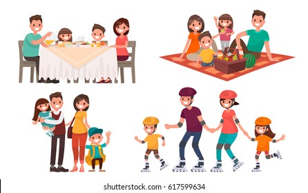 Set of family leisure. Lunch at home, picnic in nature, walk in outdoor, roller skating. Vector illustration in a flat style