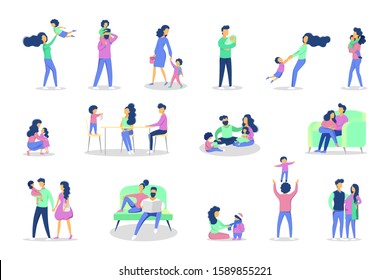 Set of family leisure with various situations. Girl and boy having fun with mom and dad. Isolated flat vector illustration