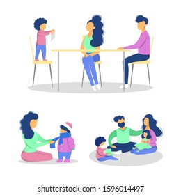 Set of family leisure with various situations. Girl and boy having fun with mom and dad. Isolated flat vector illustration