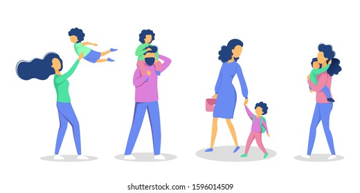 Set of family leisure with various situations. Girl and boy having fun with mom and dad. Isolated flat vector illustration