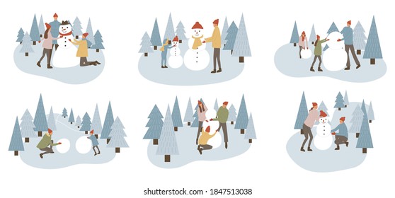 Set of family making together snowman. Family in winter park at snowfall making snowman with kids. Wintertime holidays vacation cartoon. Vector illustration
 