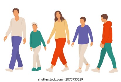  Set of  family, man, woman and boys, a group of standing people, dad, mom and children, different colors, cartoon character, vector silhouettes, design concept of flat icon, isolated on white 