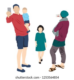 Set of family man, woman with smart phone and small children, cartoon character, group of people in colorful clothes, vector silhouettes and flat icon design isolated on white background