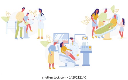 Set Family Medicine for Different Generations. Father and Child Visit Doctor. Grandmother is Iin Hospital with Adult Children and Granddaughter Visiting her. Visit to Stomatology Flat.