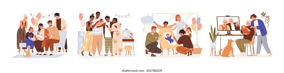Set of family members at baby shower parties and Sip and See events. People celebrating, meeting, and introducing newborn arrival, infant birth. Flat vector illustration isolated on white background