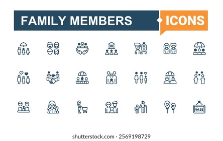Set of Family Members line icons. Contains related to child, human, couple, worker, teamwork, partner, children and more. Outline icon. Solid line editable vector illustration.