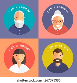 Set Of Family Members Portraits. Grandpa, Grandma, Mother And Father. Flat Design Icon