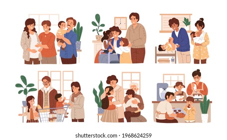 Set of family members spending time together at home. Different indoor family events or situations. Flat style illustration.