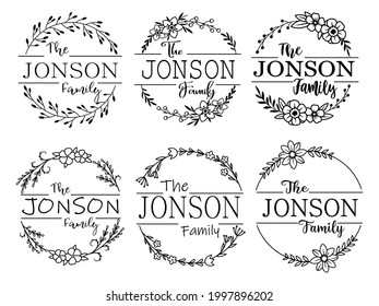 Set of family mobogram frame. Collection of flower wreaths with family lettering. Space for surname. Vector illustration of wildflower border for fonts. 