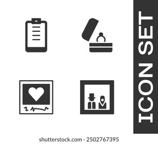 Set Family photo, Clipboard with checklist, Photo frames and hearts and Wedding rings icon. Vector