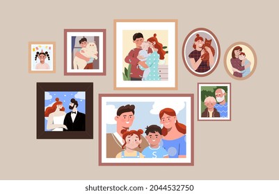 Set of family photo portraits in frames of different shapes on plain pastel wall. Concept of memorable pictures of parents and children at important moments in life. Flat cartoon vector illustration