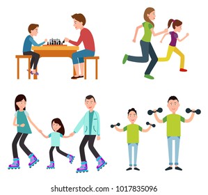 Set of family pictures, vector illustration isolated on white background, mother running with daughter, father playing chess with son, sport activity