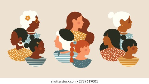 Set of family portrait three generations of women, featuring a girl holding, flanked by her mother and grandmother. Mother's day concept illustration design for decoration, greeting card, cover, print, banner