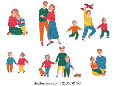 Set of family portraits. Walk outdoors in the park. A couple, father and daughter, mother and son, brothers and sisters, and all together. Vector illustration in cartoon style