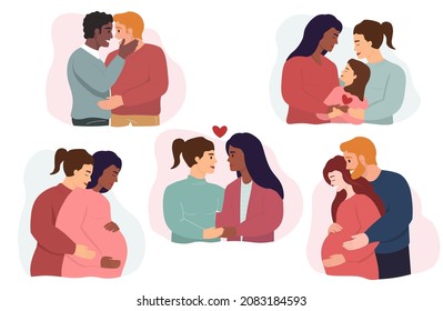 A set of family, pregnant, birth and upbringing of a child. A gay, lesbian couple in love. The concept of tolerance, equality, acceptance of homosexuality. Vector graphics.