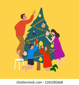 Set of family preparing and decorating Christmas tree. Flat cartoon vector illustration