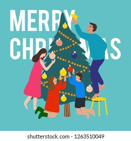 Set of family preparing and decorating Christmas tree. Flat cartoon vector illustration.