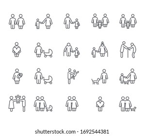 Set of family Related Vector Line Icons. Includes such Icons as motherhood, fatherhood, grandparents, relatives, kids, newborn and more.