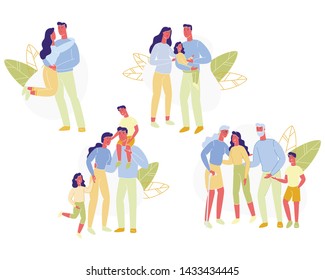 Set Family Relationships Between People Cartoon. Romantic Relationship Couple Love. Pregnant Young Woman Walking with her Husband and Daughter. Adult Children Communicate with Elderly Parents.