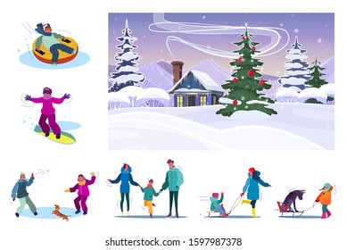 Set of family resting during snowy winter. Flat vector illustrations of people snowboarding, playing snowballs, skating, riding sledge. concept for banner, website design or landing web page